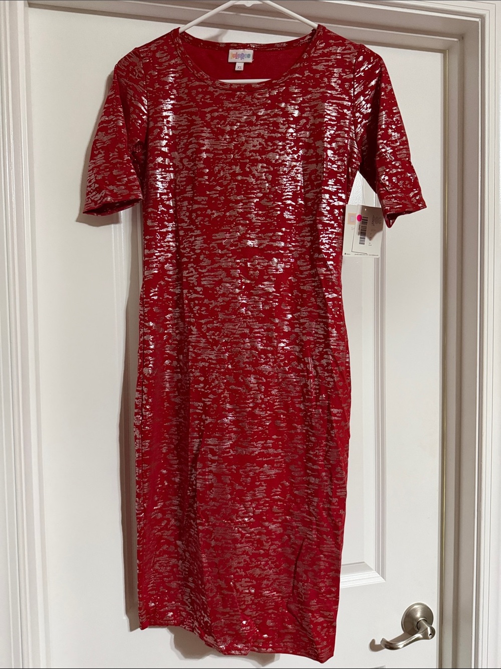 LuLaRoe Red Metallic-Print Julia Midi Dress